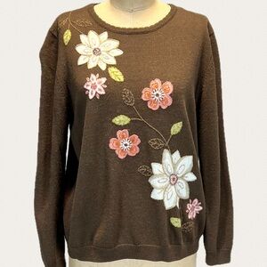 VINTAGE earthy woodsy embroidered‎ vine flower knit sweater 90s cottagecore